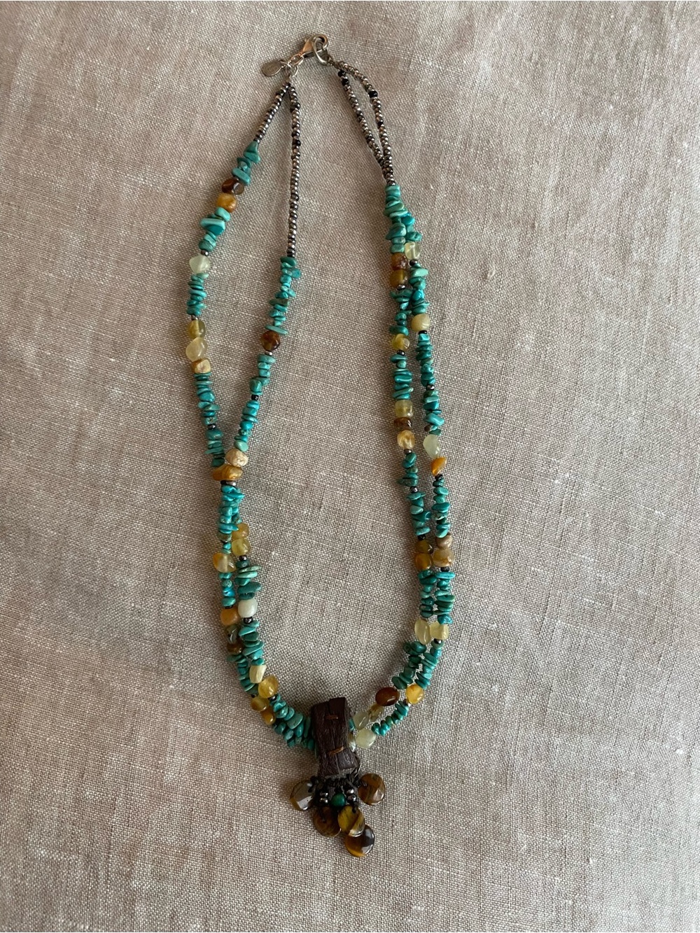 Peyote Bird Southwest Style Necklace Turquoise Amber Leather Drop Sterling Clasp
